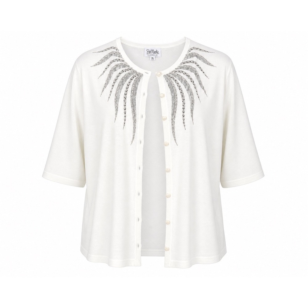 Bob Mackie Wearable Art Ivory‎ Cardigan 2X Silver Beaded Embellished Open Front